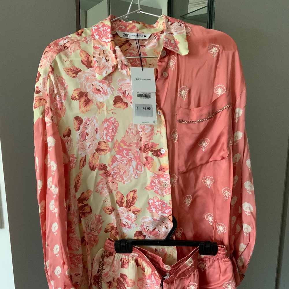 Zara floral long sleeve pj short set, top size m, shorts size s nwt